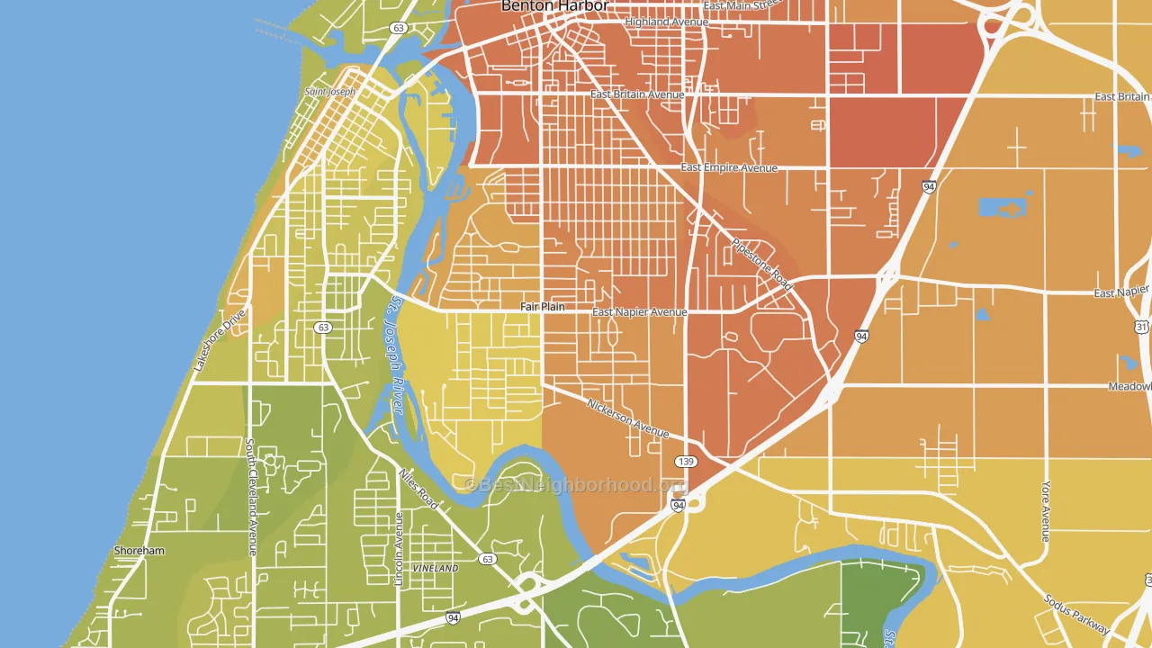 Map of the best neighborhoods in the Fair Plain area, with better matches in green and worse matches in red