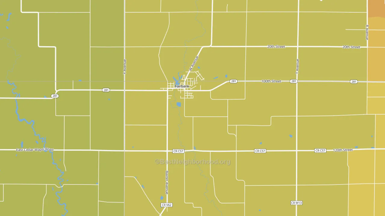 Map of the best neighborhoods in the Fairbank area, with better matches in green and worse matches in red