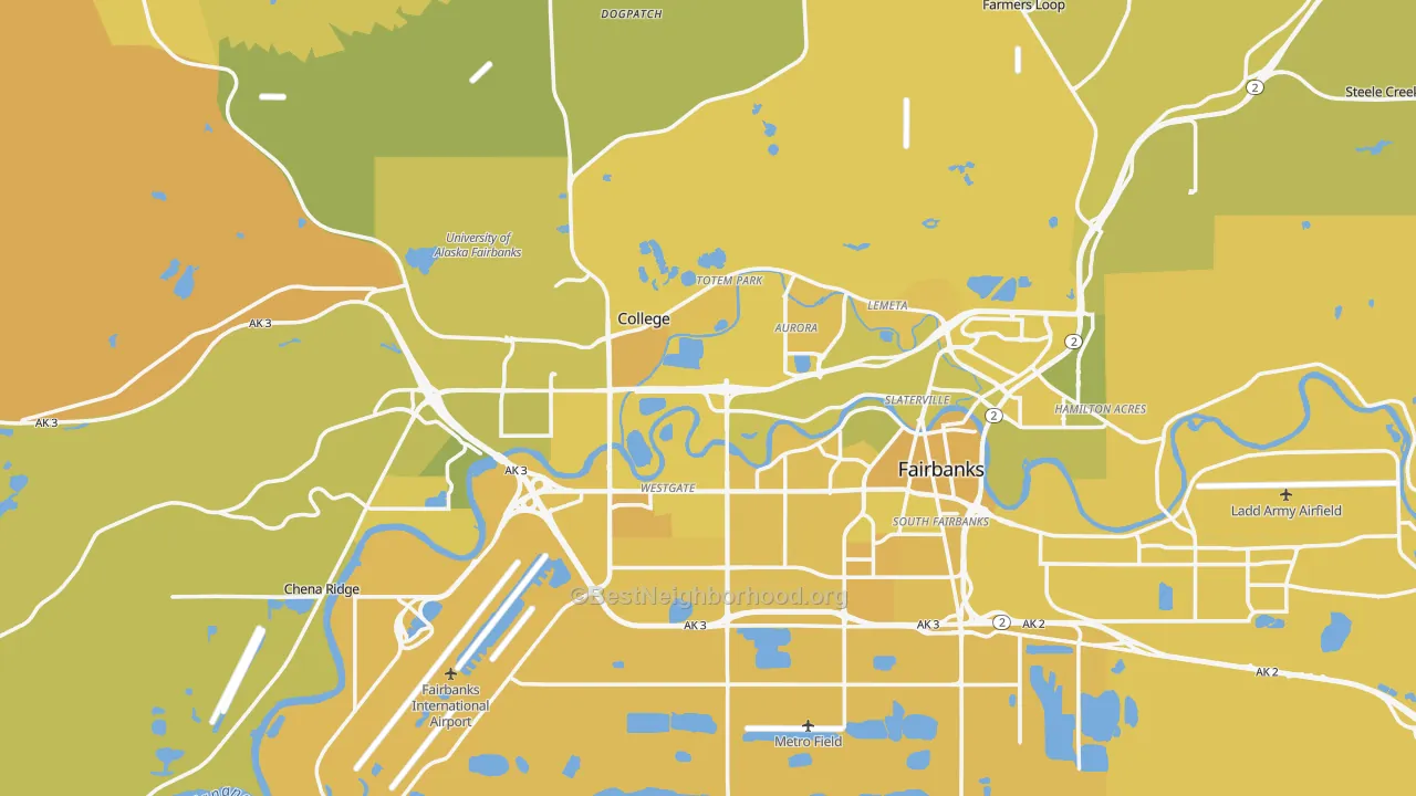 Map of the best neighborhoods in the Fairbanks Metro area, with better matches in green and worse matches in red
