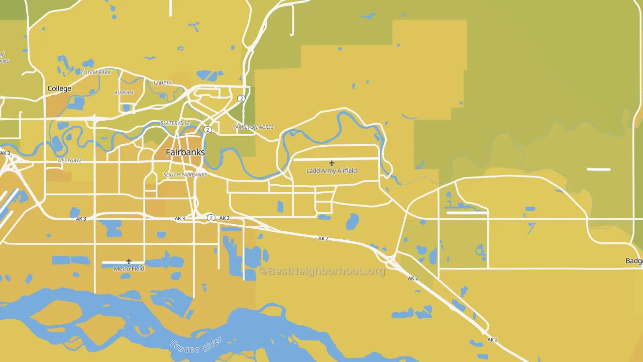 Map of the best neighborhoods in the Fairbanks North Star Borough area, with better matches in green and worse matches in red