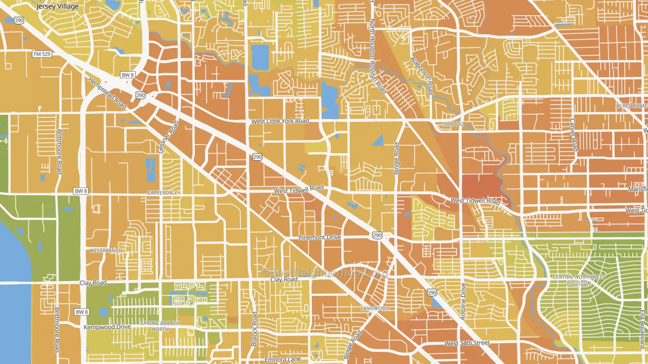 Map of the best neighborhoods in the Fairbanks-Northwest Crossing, Houston area, with better matches in green and worse matches in red