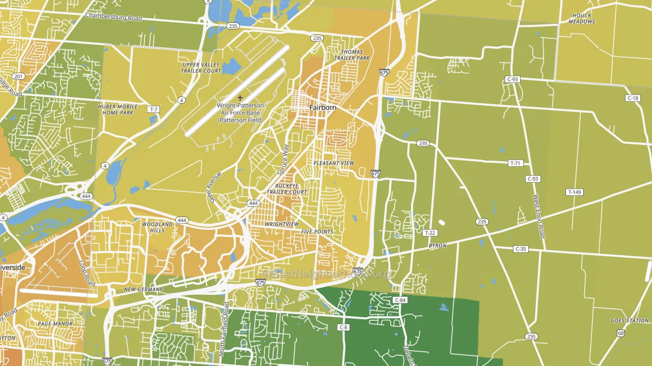 Map of the best neighborhoods in the Fairborn area, with better matches in green and worse matches in red
