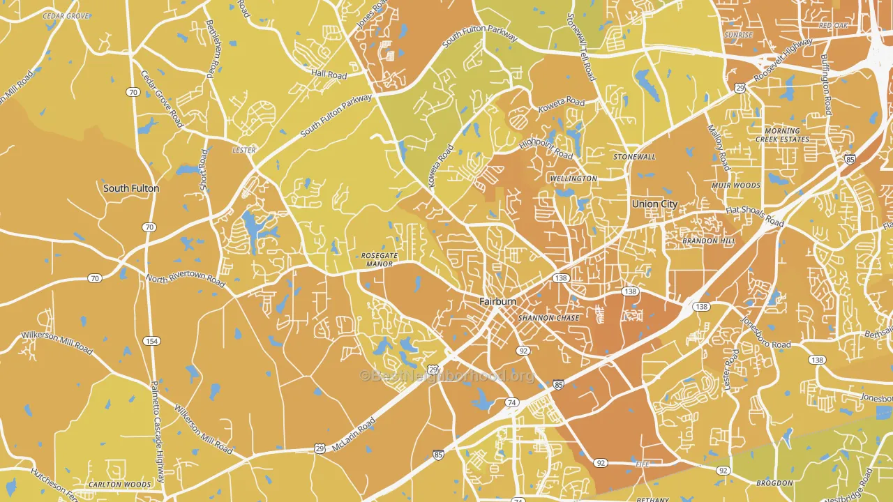 Map of the best neighborhoods in the Fairburn area, with better matches in green and worse matches in red
