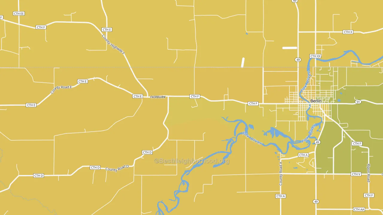 Map of the best neighborhoods in the Fairburn area, with better matches in green and worse matches in red