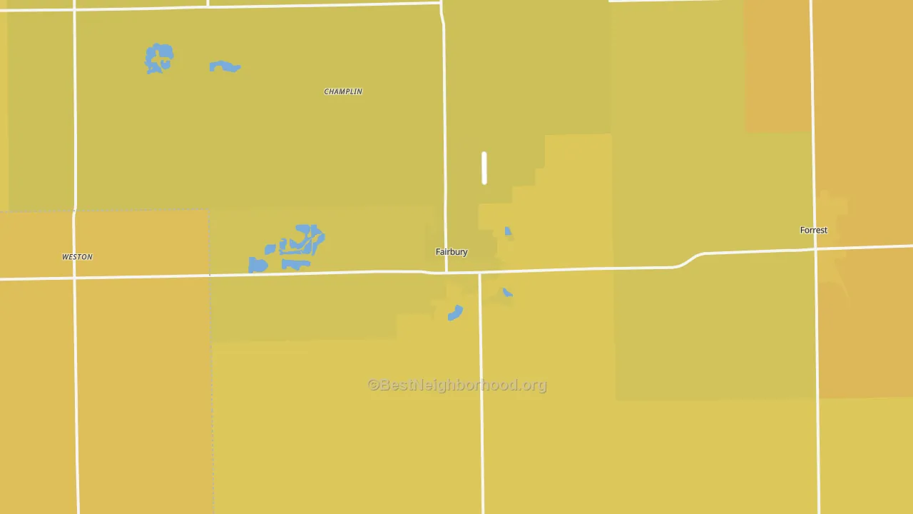 Map of the best neighborhoods in the Fairbury area, with better matches in green and worse matches in red