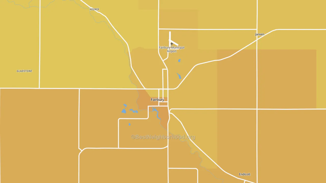 Map of the best neighborhoods in the Fairbury area, with better matches in green and worse matches in red