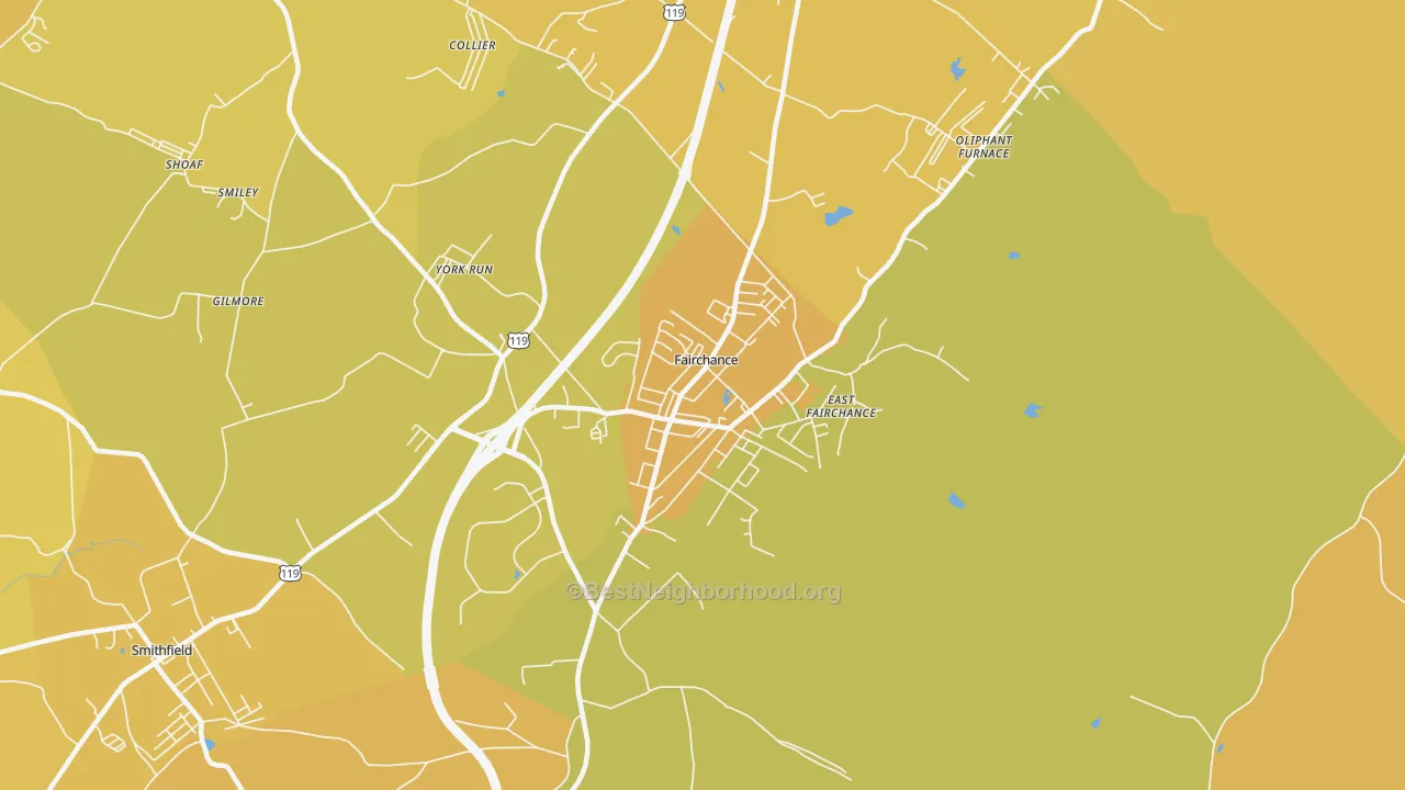 Map of the best neighborhoods in the Fairchance area, with better matches in green and worse matches in red