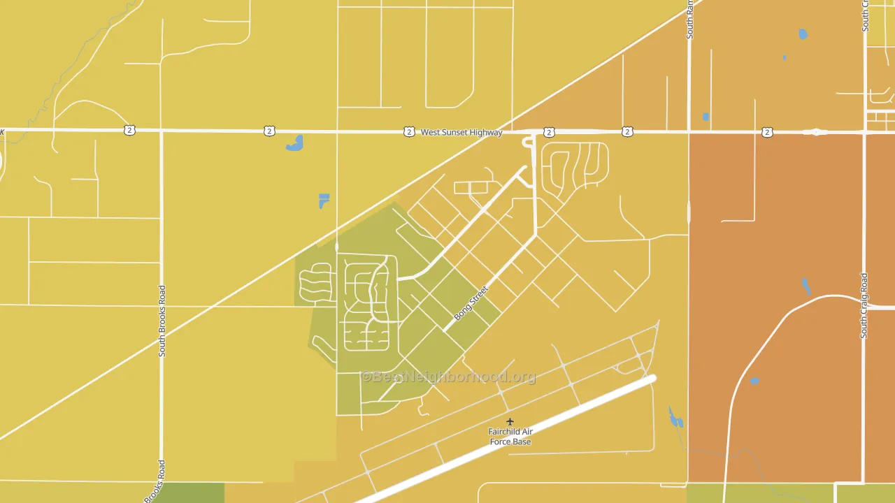 Map of the best neighborhoods in the Fairchild AFB area, with better matches in green and worse matches in red