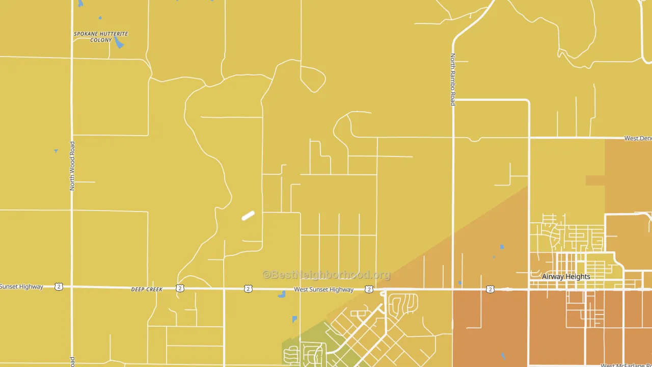 Map of the best neighborhoods in the Fairchild Air Force Base area, with better matches in green and worse matches in red