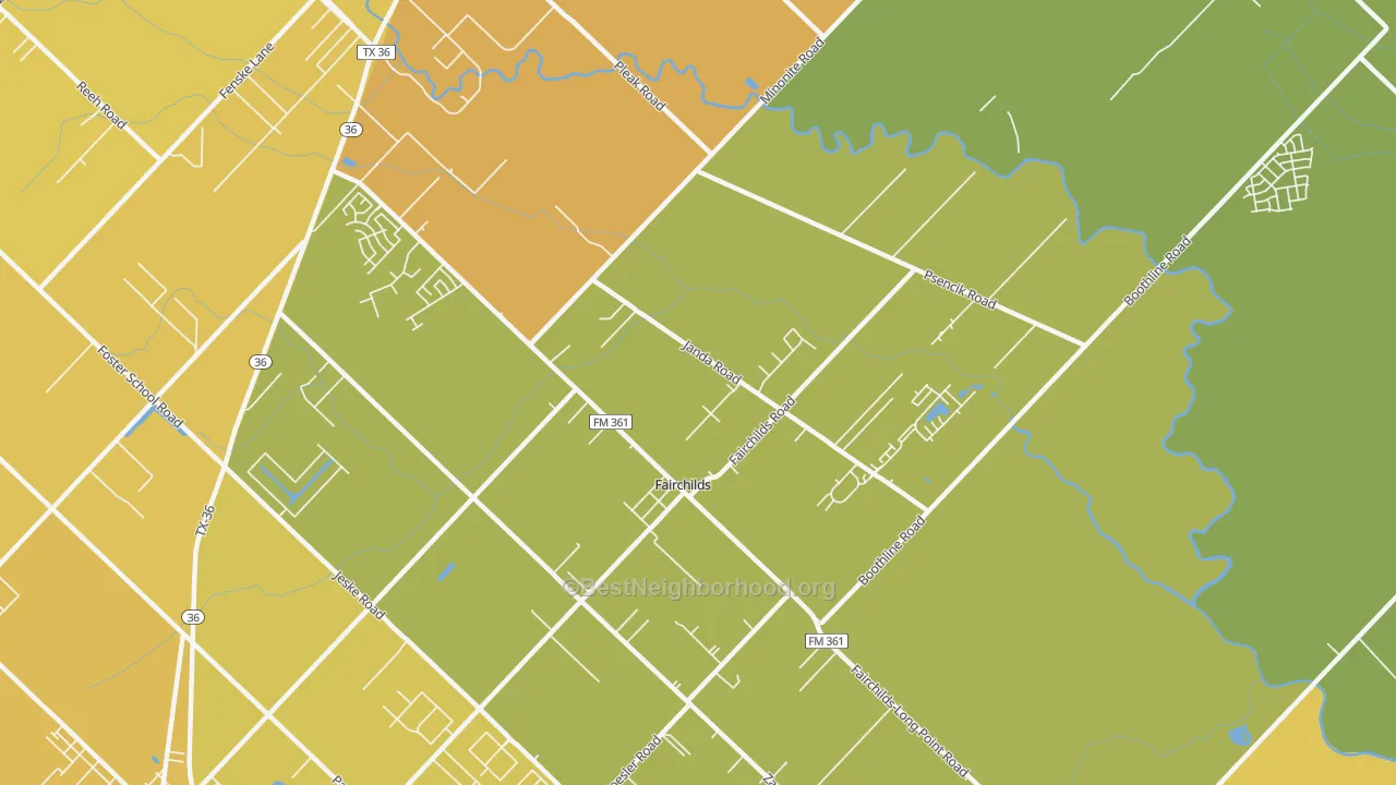 Map of the best neighborhoods in the Fairchilds area, with better matches in green and worse matches in red