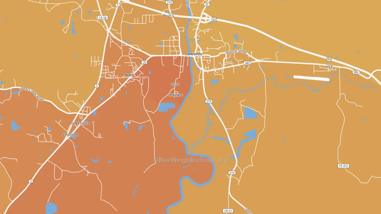 Map of the best neighborhoods in the Fairdale area, with better matches in green and worse matches in red