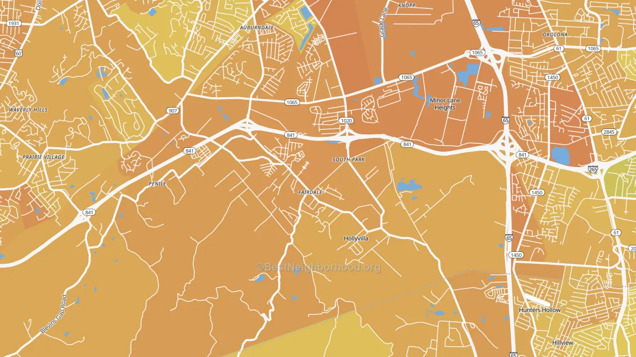 Map of the best neighborhoods in the Fairdale area, with better matches in green and worse matches in red