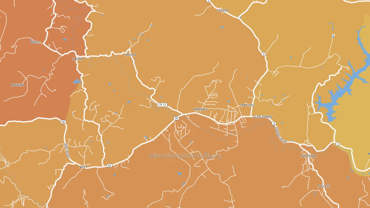 Map of the best neighborhoods in the Fairdale area, with better matches in green and worse matches in red