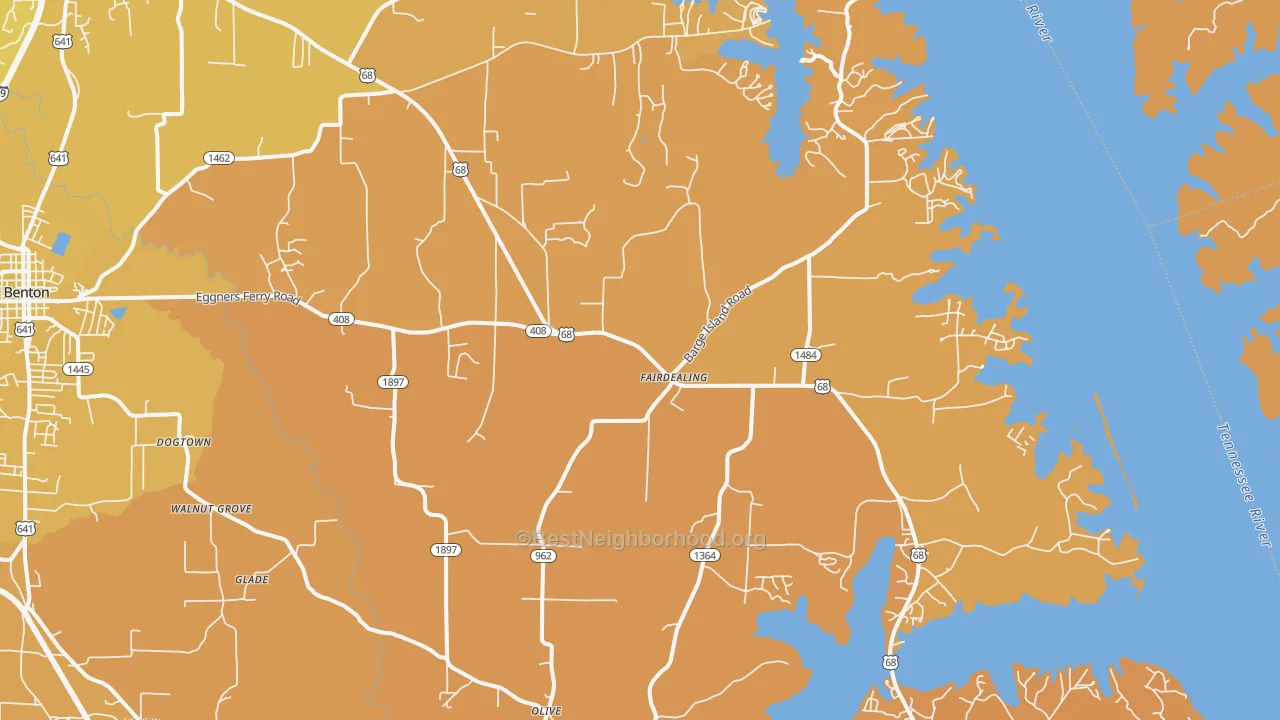 Map of the best neighborhoods in the Fairdealing area, with better matches in green and worse matches in red