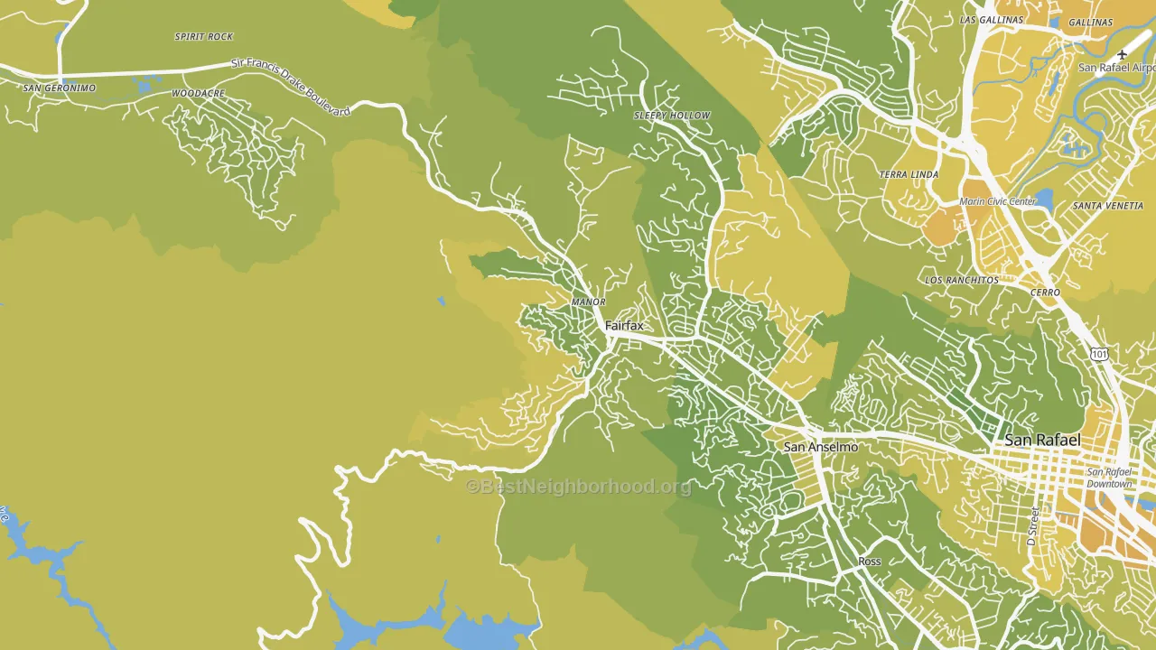 Map of the best neighborhoods in the Fairfax area, with better matches in green and worse matches in red