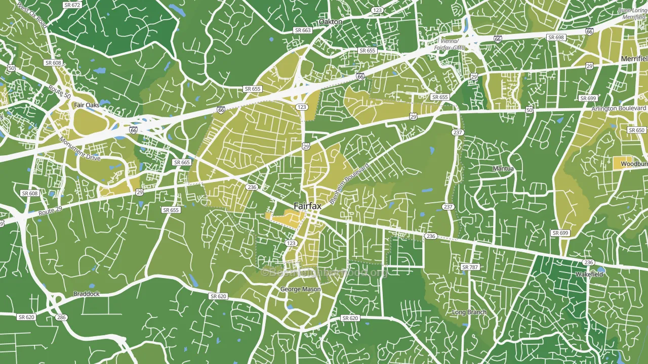 Map of the best neighborhoods in the Fairfax City area, with better matches in green and worse matches in red