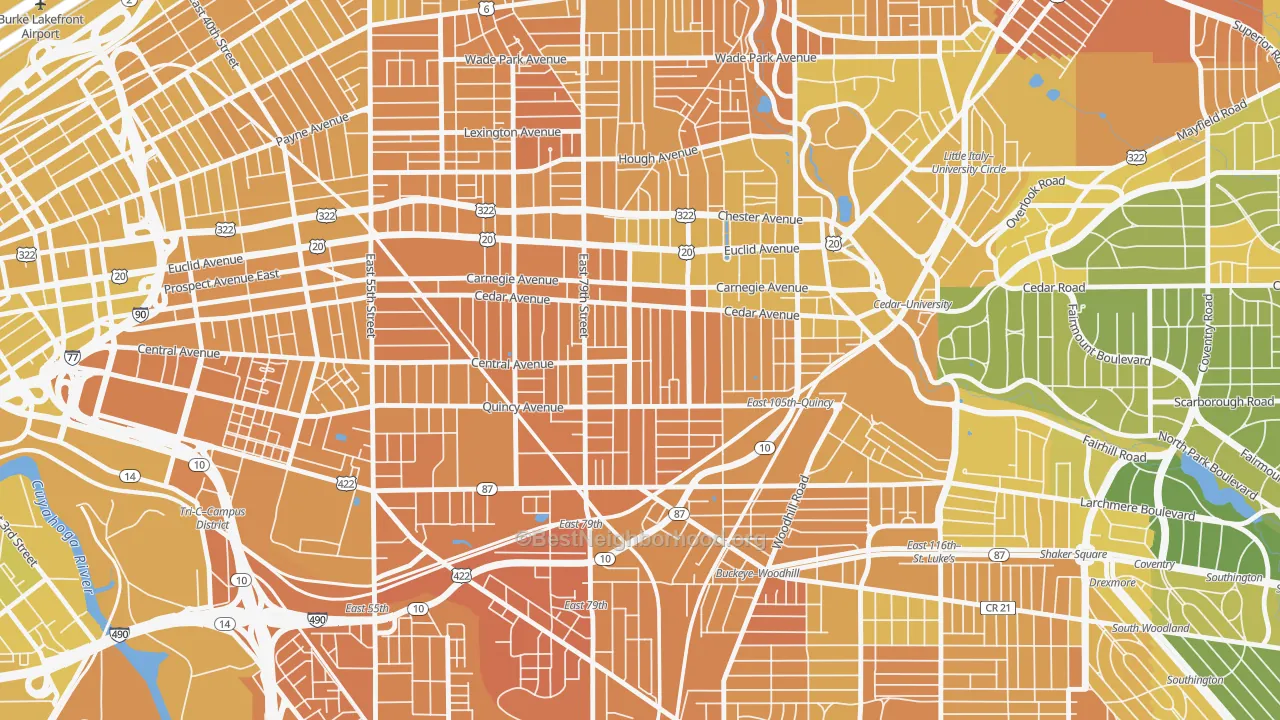 Map of the best neighborhoods in the Fairfax, Cleveland area, with better matches in green and worse matches in red