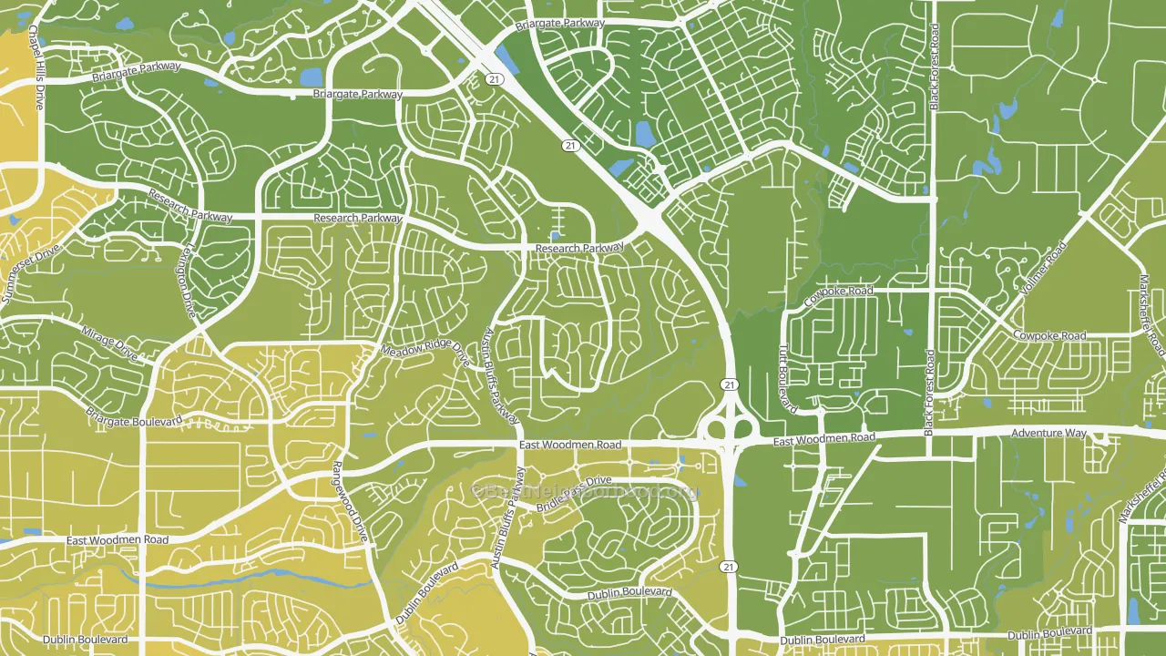 Map of the best neighborhoods in the Fairfax, Colorado Springs area, with better matches in green and worse matches in red