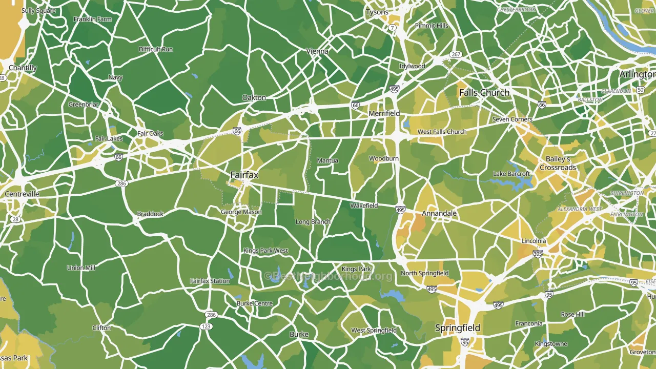 Map of the best neighborhoods in the Fairfax County area, with better matches in green and worse matches in red