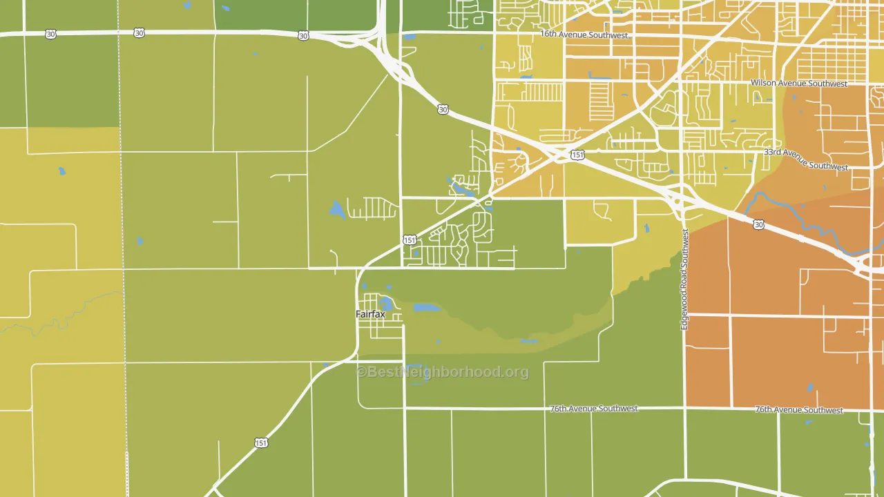 Map of the best neighborhoods in the Fairfax area, with better matches in green and worse matches in red