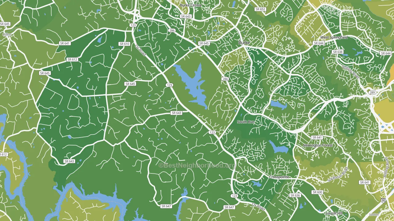 Map of the best neighborhoods in the Fairfax Station area, with better matches in green and worse matches in red