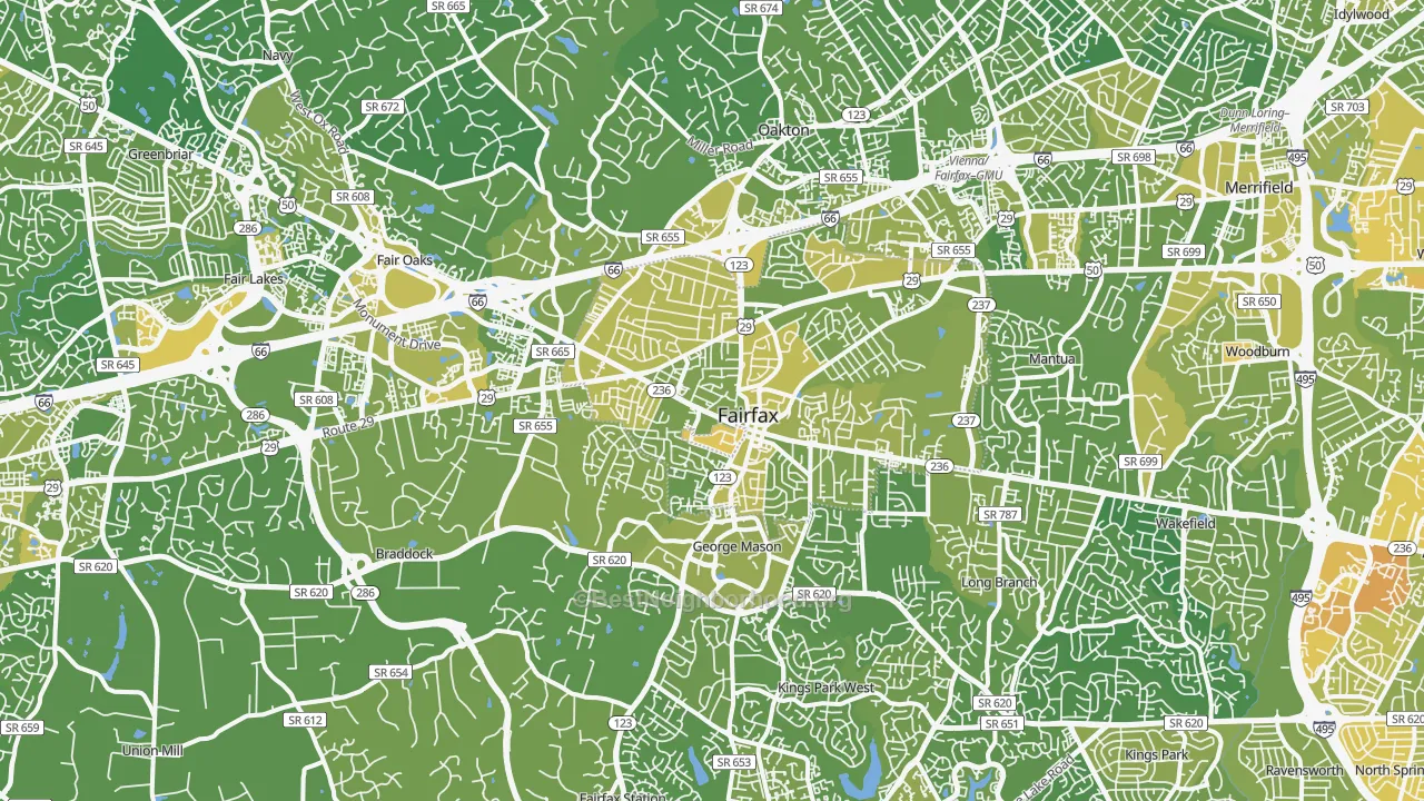 Map of the best neighborhoods in the Fairfax area, with better matches in green and worse matches in red