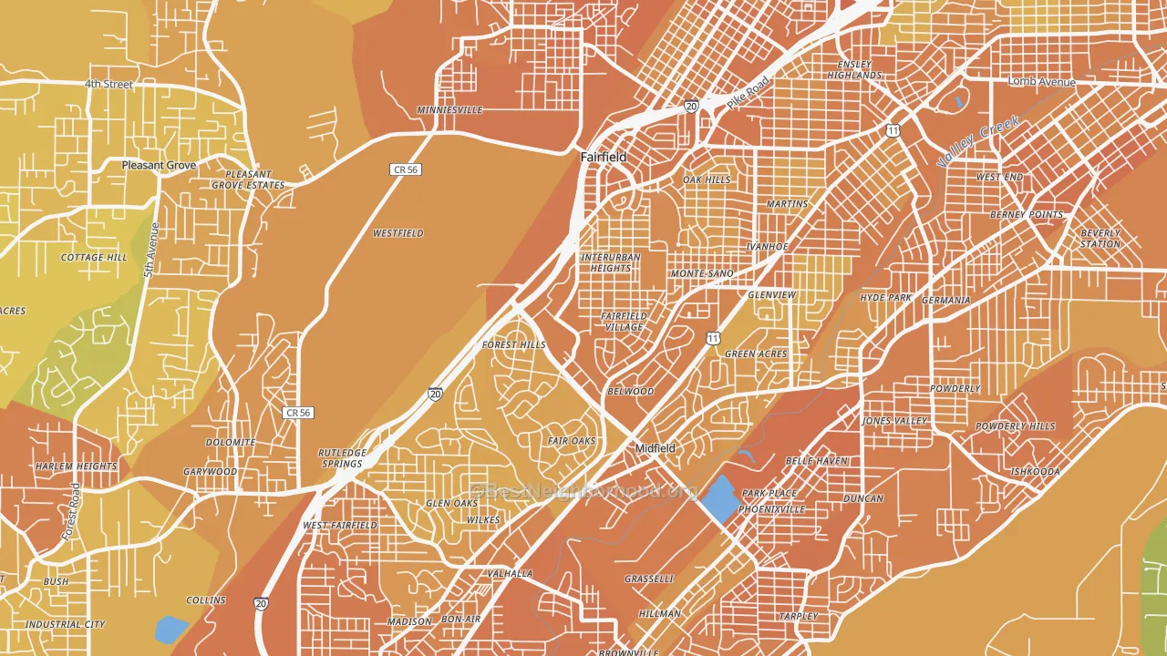 Map of the best neighborhoods in the Fairfield area, with better matches in green and worse matches in red