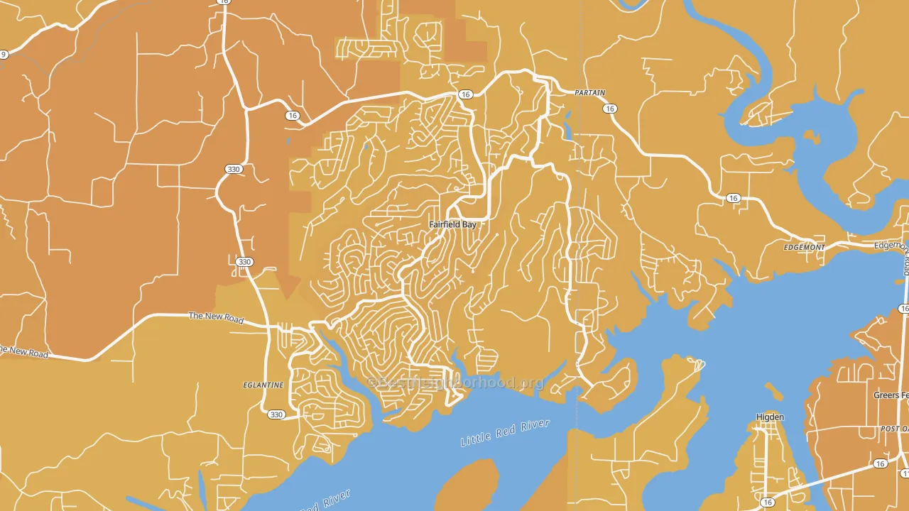 Map of the best neighborhoods in the Fairfield Bay area, with better matches in green and worse matches in red