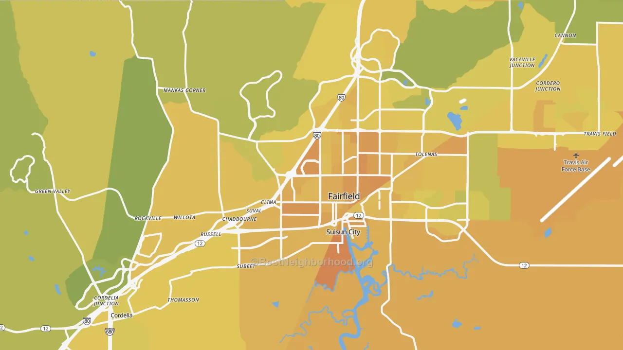 Map of the best neighborhoods in the Fairfield area, with better matches in green and worse matches in red
