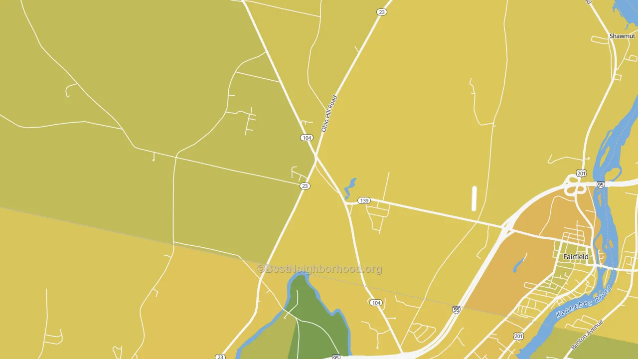 Map of the best neighborhoods in the Fairfield Center area, with better matches in green and worse matches in red