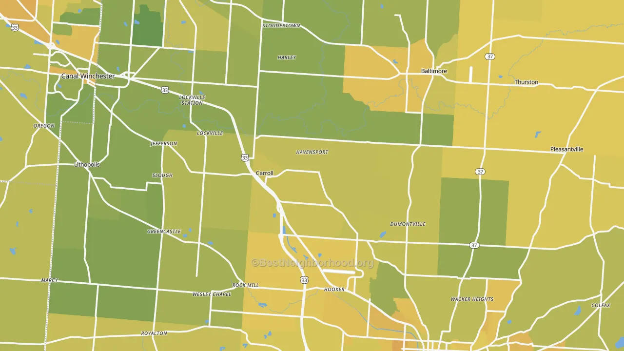 Map of the best neighborhoods in the Fairfield County area, with better matches in green and worse matches in red