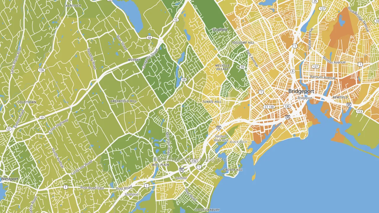 Map of the best neighborhoods in the Fairfield area, with better matches in green and worse matches in red