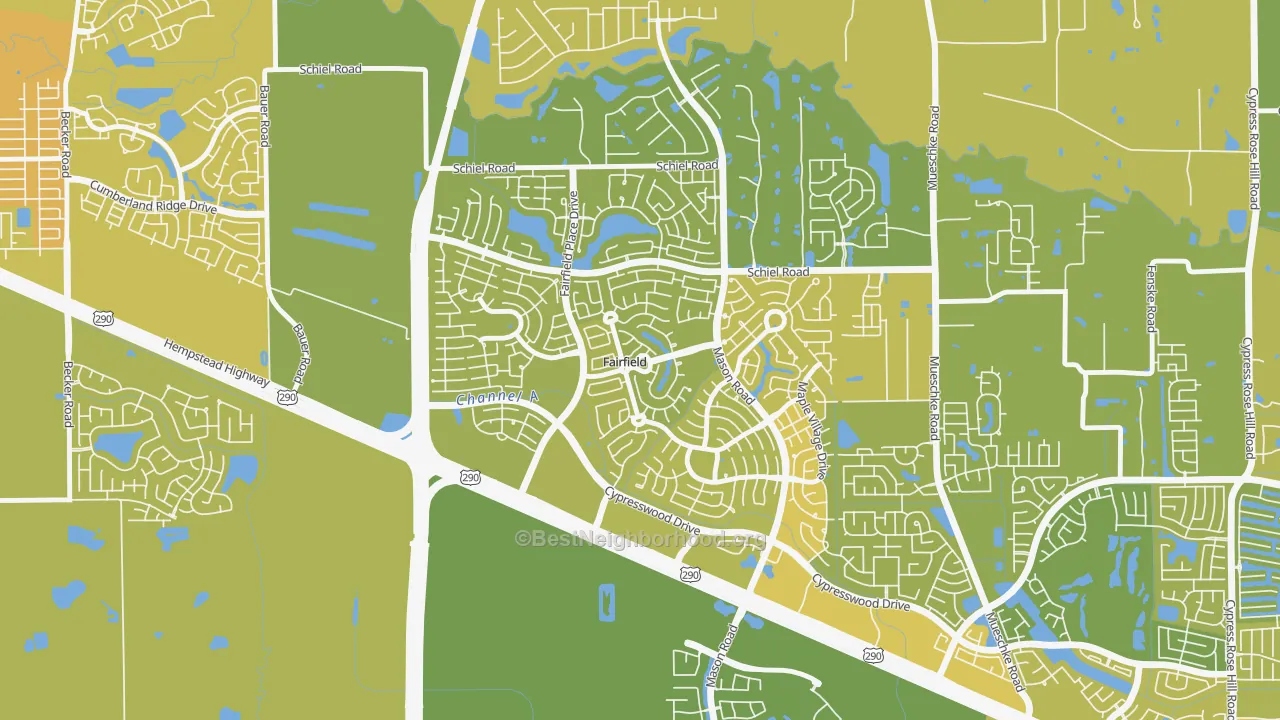 Map of the best neighborhoods in the Fairfield, Cypress area, with better matches in green and worse matches in red