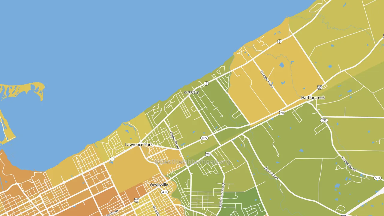Map of the best neighborhoods in the Fairfield, Erie area, with better matches in green and worse matches in red