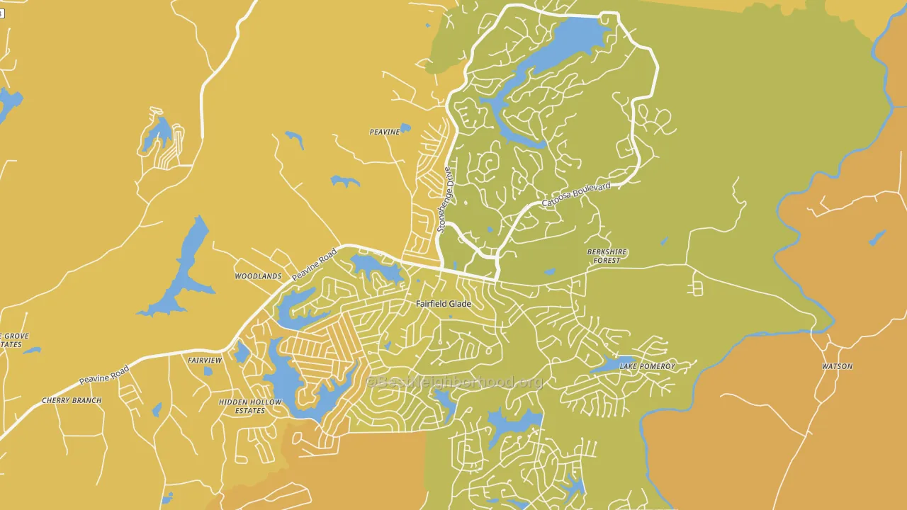 Map of the best neighborhoods in the Fairfield Glade area, with better matches in green and worse matches in red