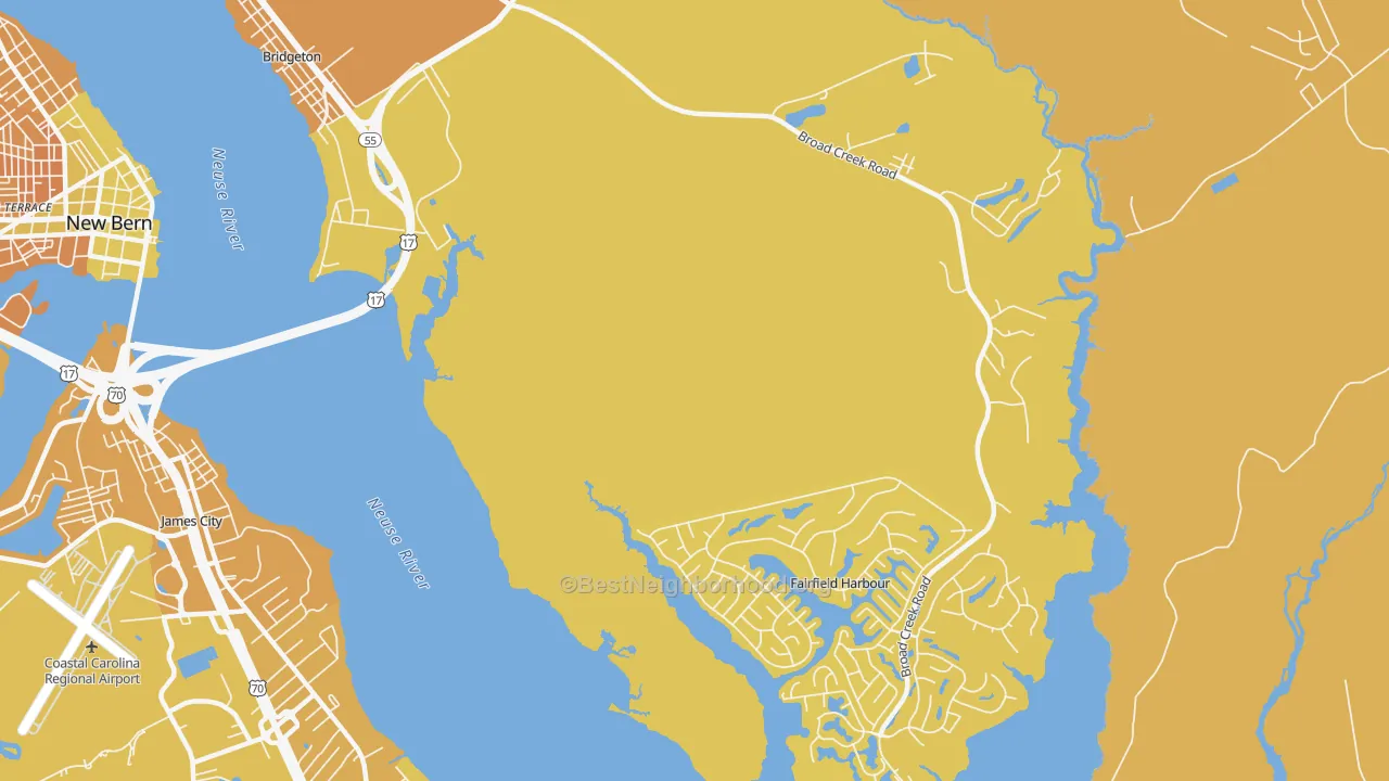 Map of the best neighborhoods in the Fairfield Harbour area, with better matches in green and worse matches in red