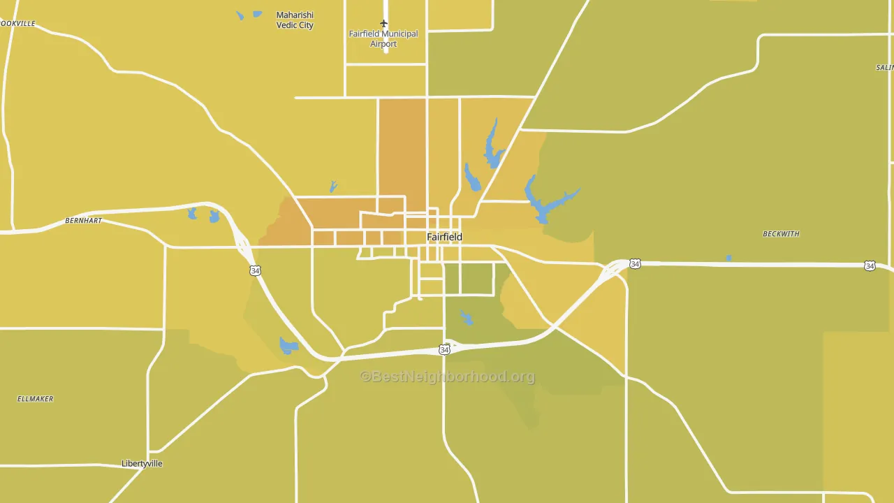 Map of the best neighborhoods in the Fairfield area, with better matches in green and worse matches in red