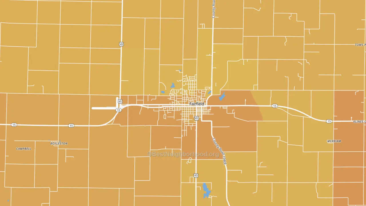 Map of the best neighborhoods in the Fairfield area, with better matches in green and worse matches in red