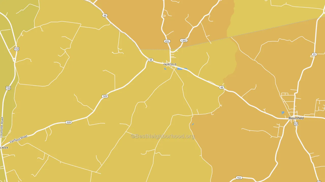 Map of the best neighborhoods in the Fairfield area, with better matches in green and worse matches in red