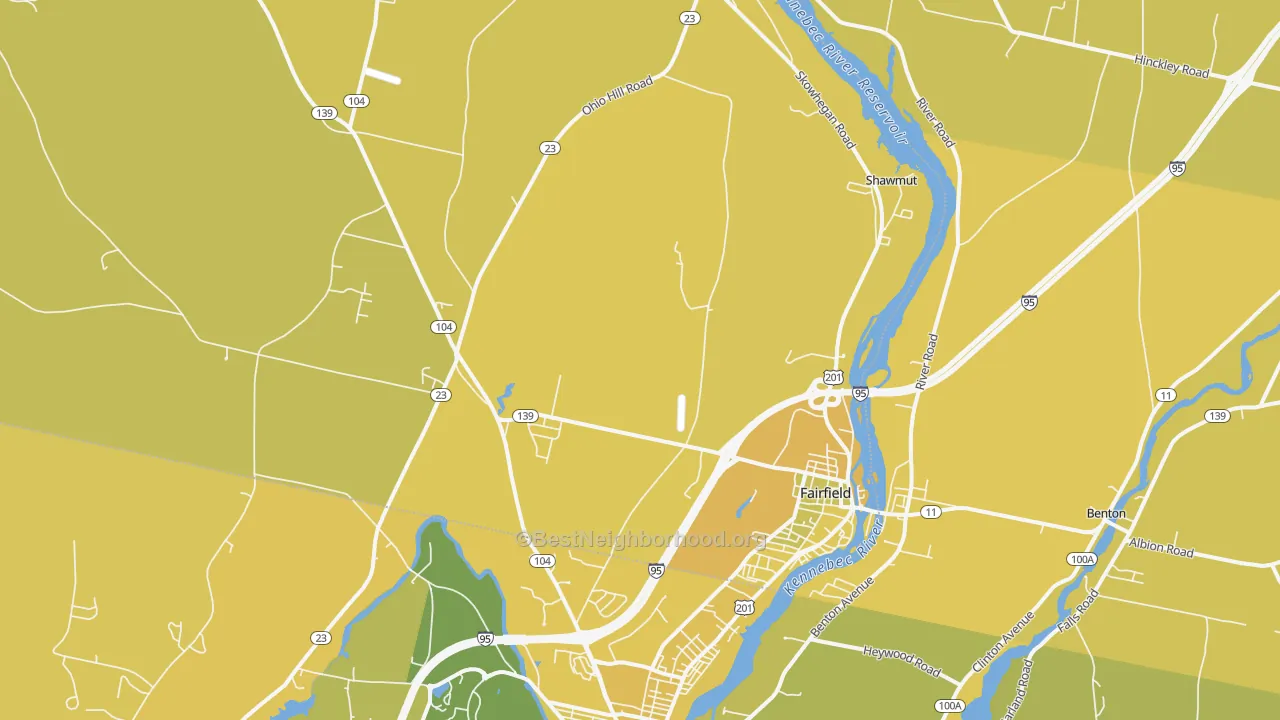 Map of the best neighborhoods in the Fairfield area, with better matches in green and worse matches in red