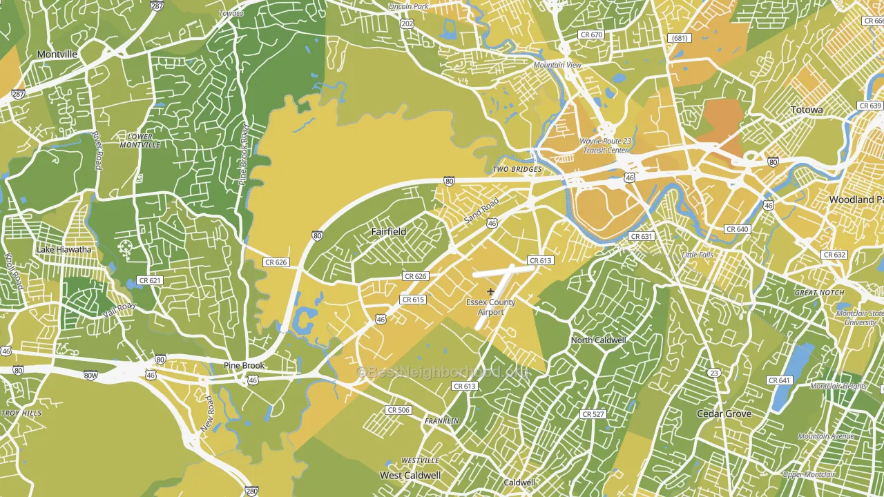 Map of the best neighborhoods in the Fairfield area, with better matches in green and worse matches in red