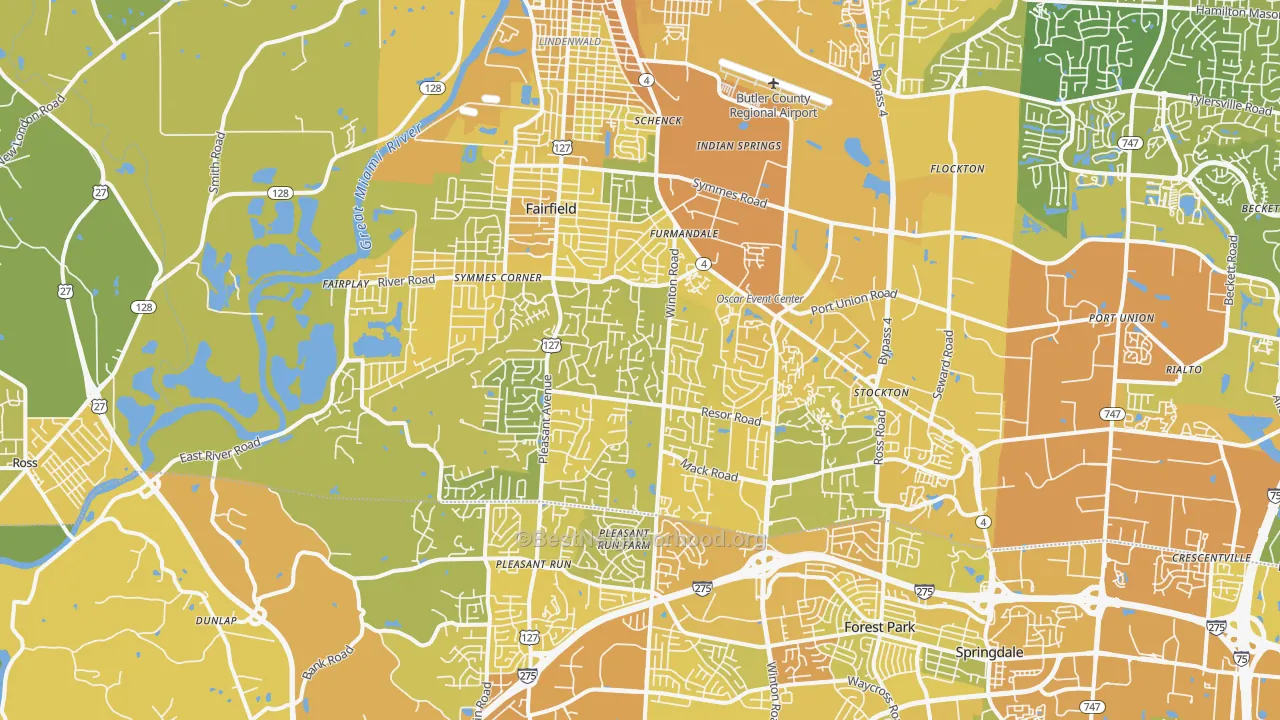 Map of the best neighborhoods in the Fairfield area, with better matches in green and worse matches in red