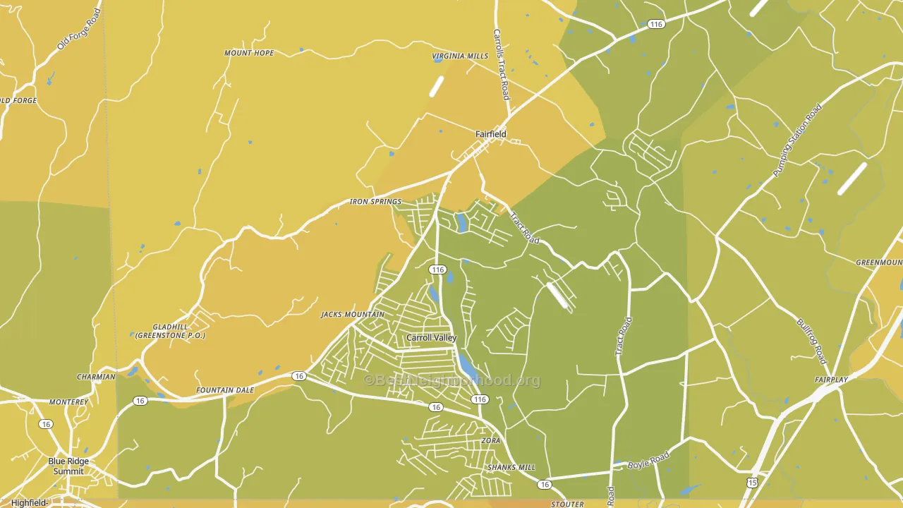 Map of the best neighborhoods in the Fairfield area, with better matches in green and worse matches in red