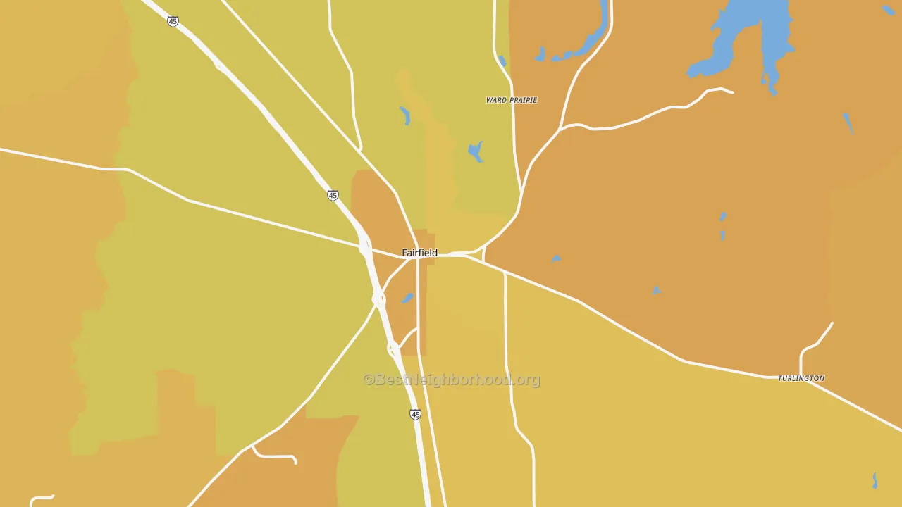 Map of the best neighborhoods in the Fairfield area, with better matches in green and worse matches in red