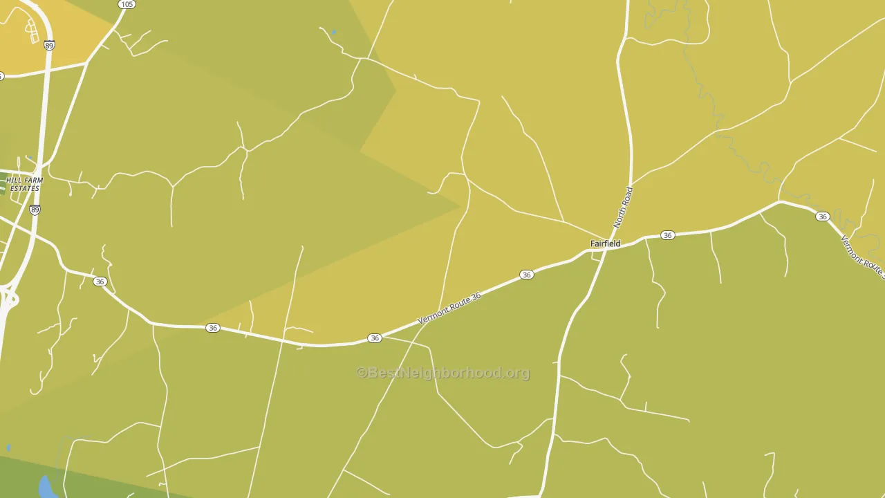 Map of the best neighborhoods in the Fairfield area, with better matches in green and worse matches in red