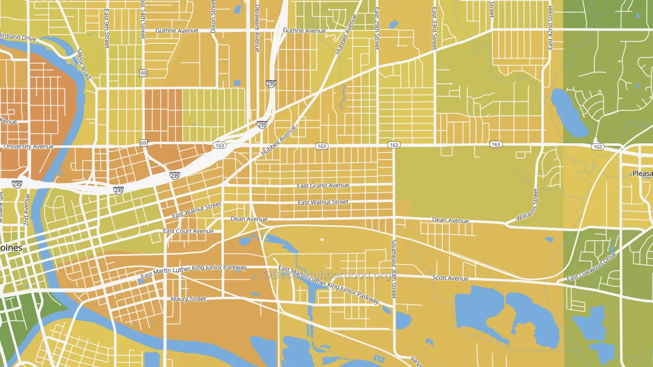 Map of the best neighborhoods in the Fairground, Des Moines area, with better matches in green and worse matches in red