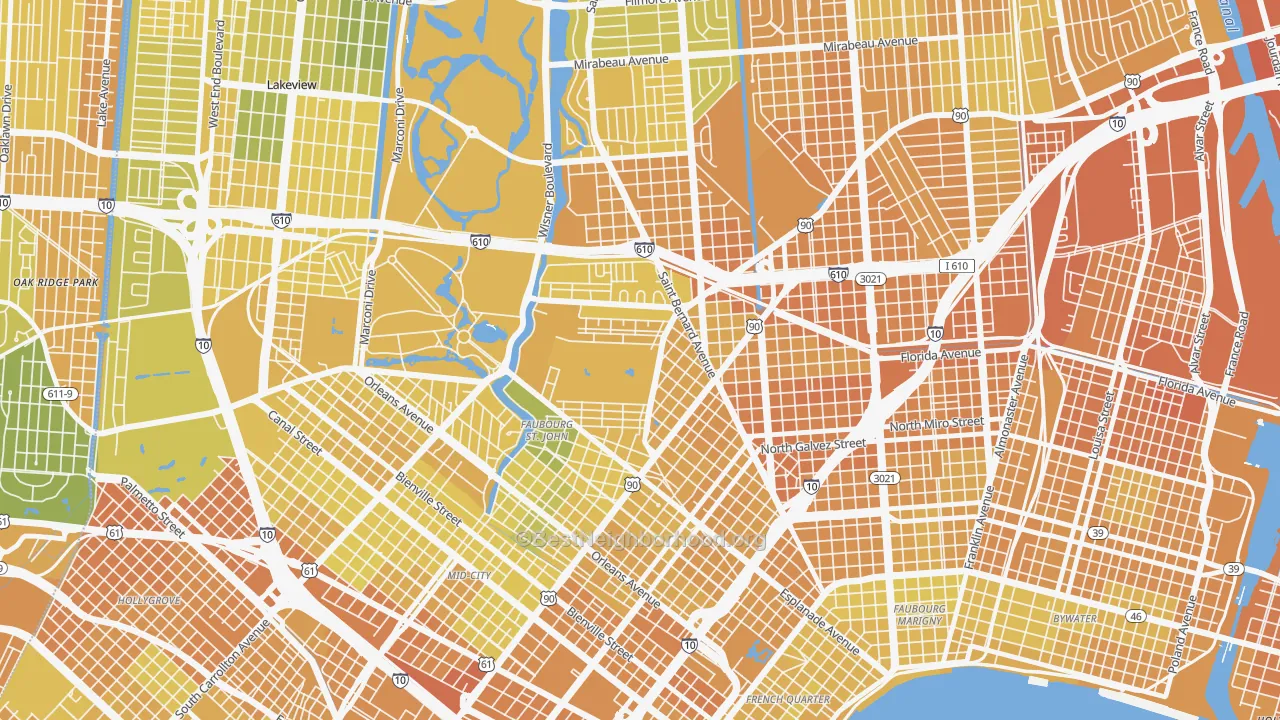 Map of the best neighborhoods in the Fairgrounds, New Orleans area, with better matches in green and worse matches in red