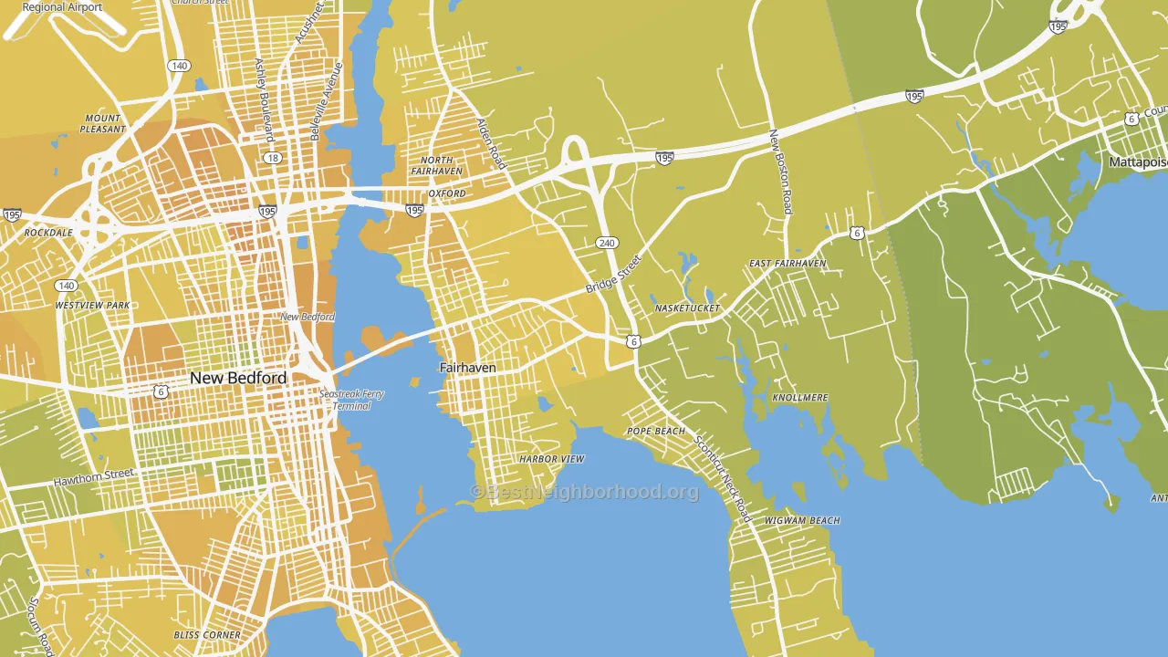 Map of the best neighborhoods in the Fairhaven area, with better matches in green and worse matches in red