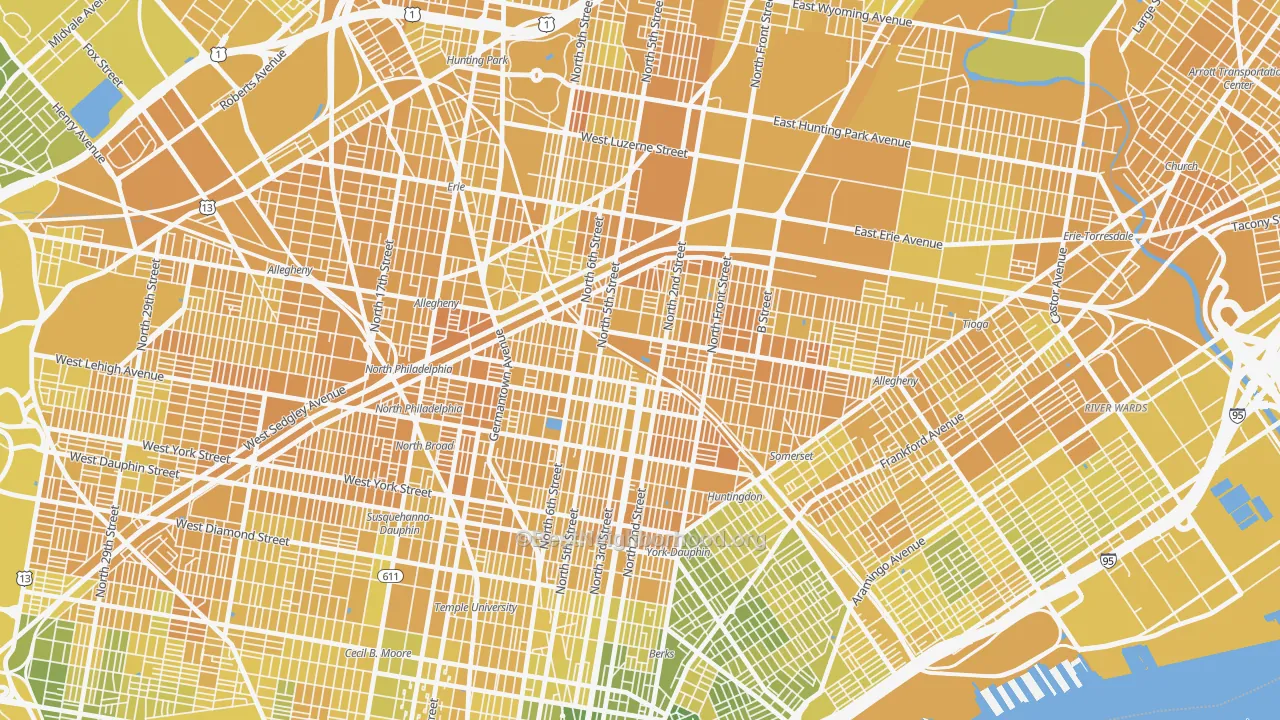 Map of the best neighborhoods in the Fairhill, Philadelphia area, with better matches in green and worse matches in red