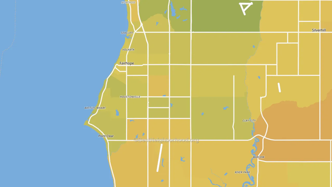 Map of the best neighborhoods in the Fairhope area, with better matches in green and worse matches in red